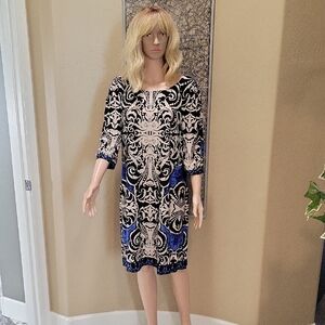 White House Black Market Black,Cream & Blue Patterned Women's Shift Dress